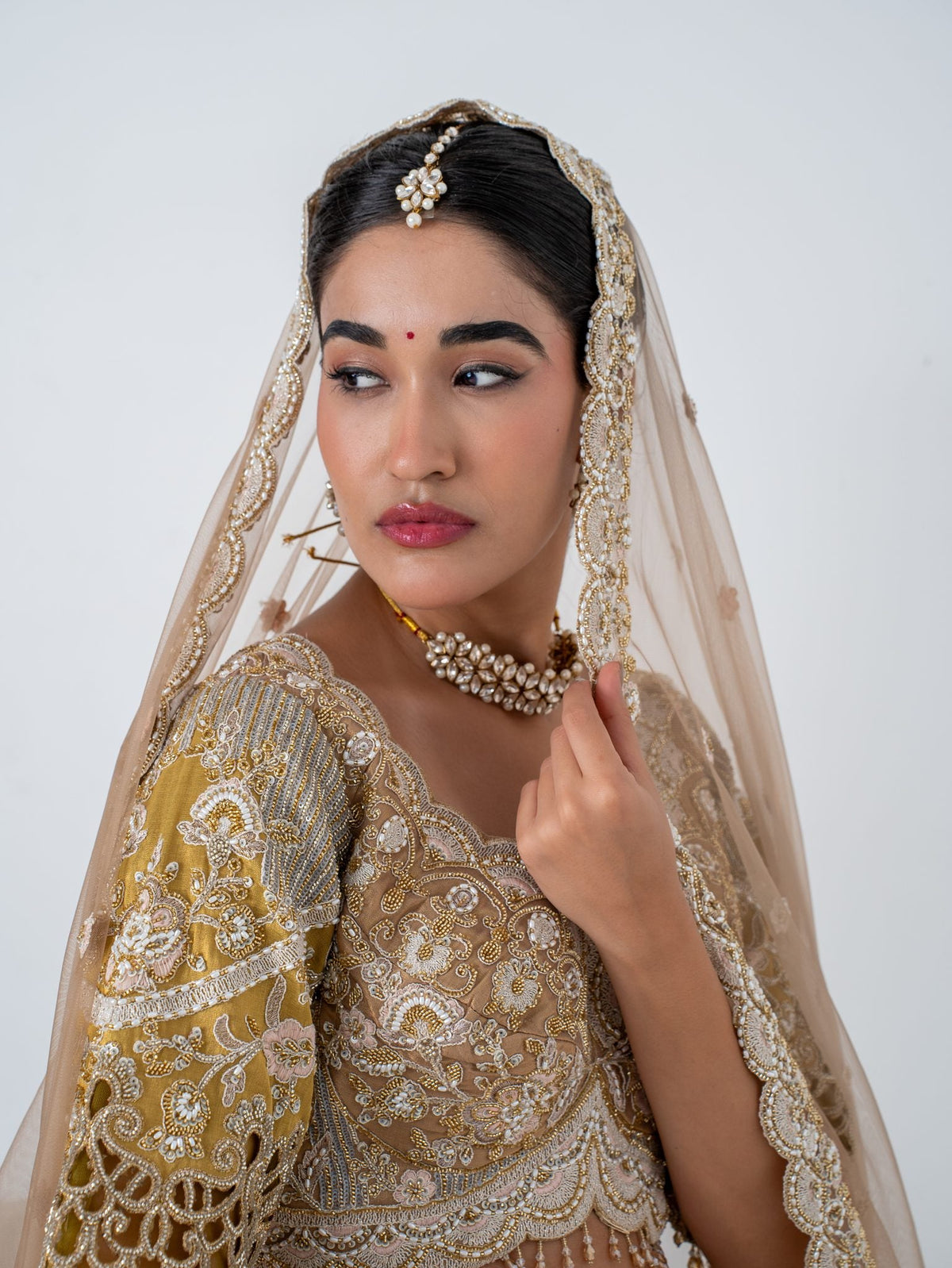 Antique gold cutwork lehenga, blouse and neckline