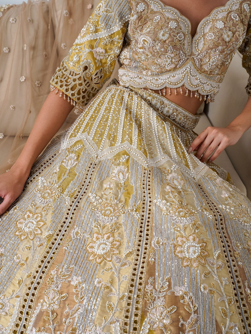 Antique gold cutwork lehenga, blouse embroidery close-up