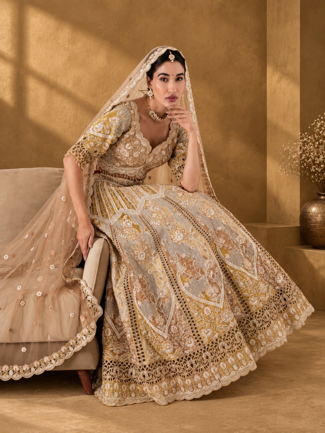 Model seated on a sofa in an antique gold cutwork lehenga with a sheer scalloped-edge dupatta