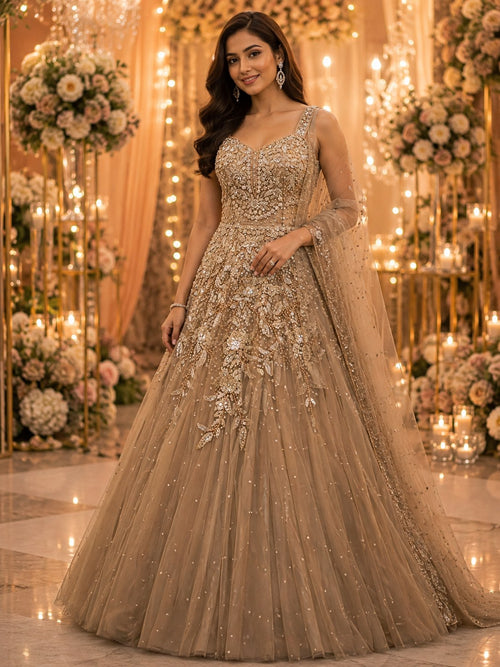 Antique gold ball gown with zardozi floral bodice and sequin net skirt