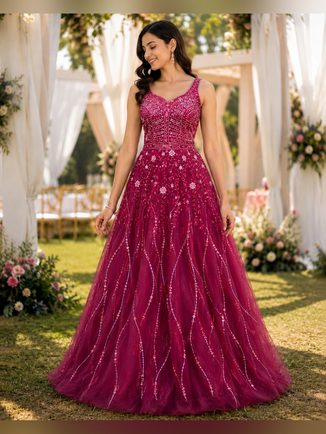 Berry tulle gown with vertical sequin stripes