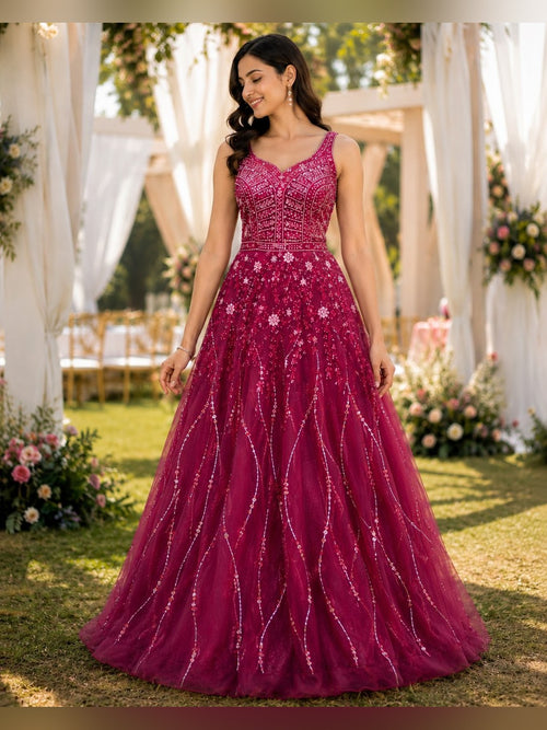 Berry tulle gown with vertical sequin stripes