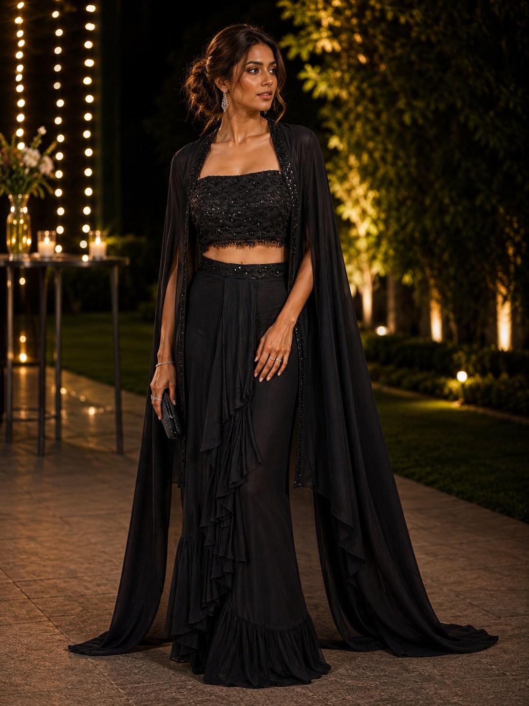 Black ruffled palazzo co-ord with long sheer cape
