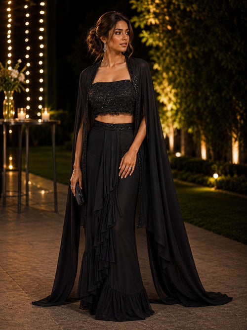 Black ruffled palazzo co-ord with long sheer cape