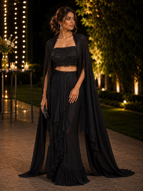 Black ruffled palazzo co-ord with long sheer cape