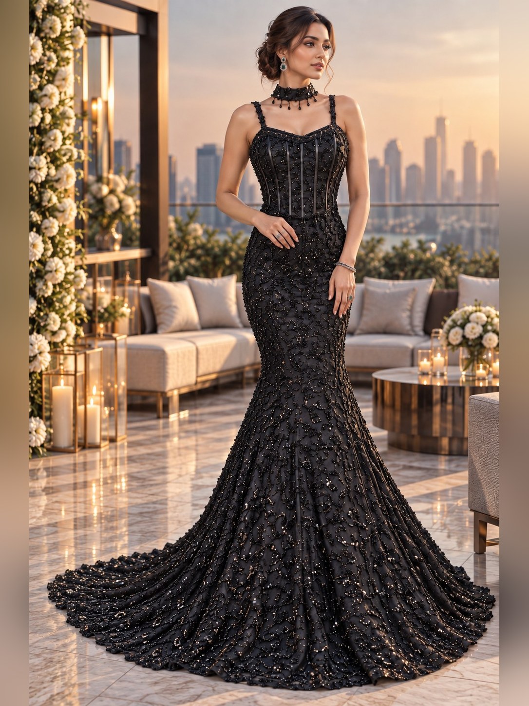 Black sequinned fishtail gown with corset bodice and sweep train