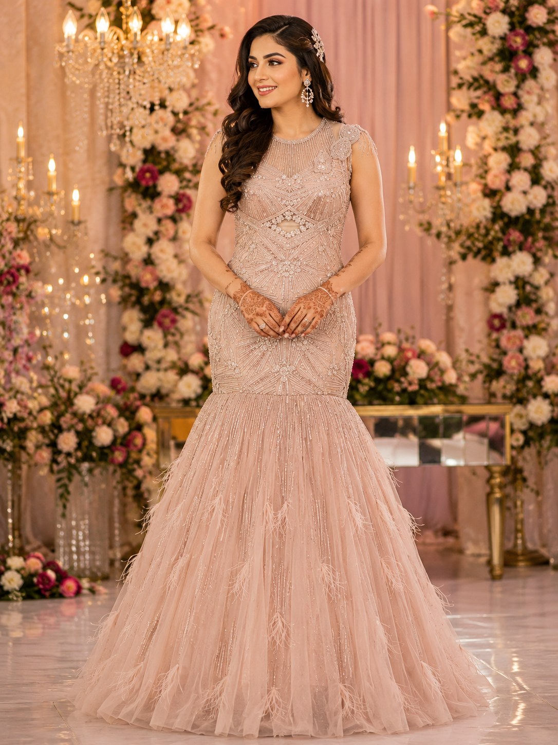 Blush fishtail gown with feathered tulle hem