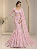 Blush pink fishtail lehenga with pearl floral embroidery