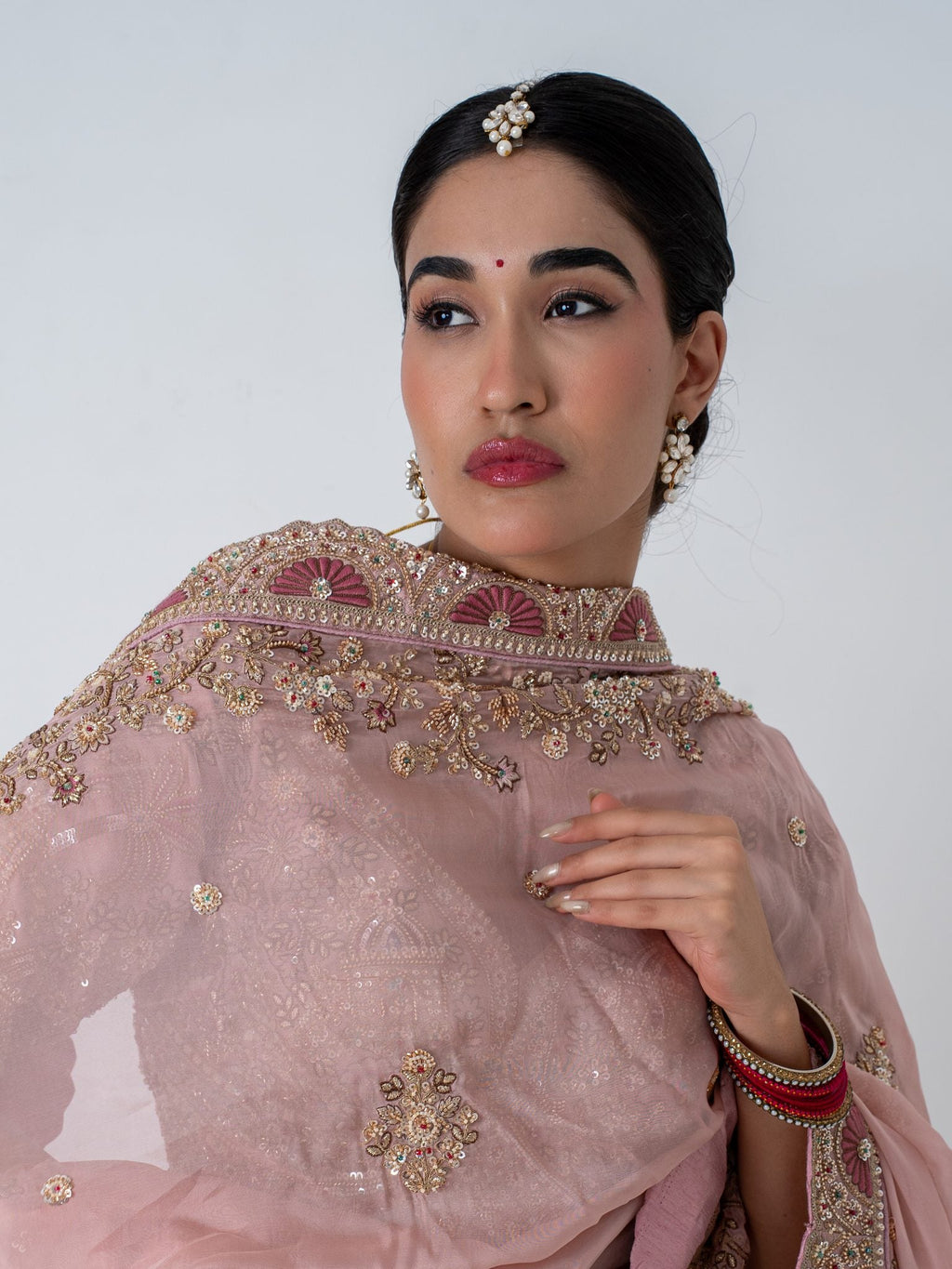 Blush pink embroidered lehenga, blouse and neckline