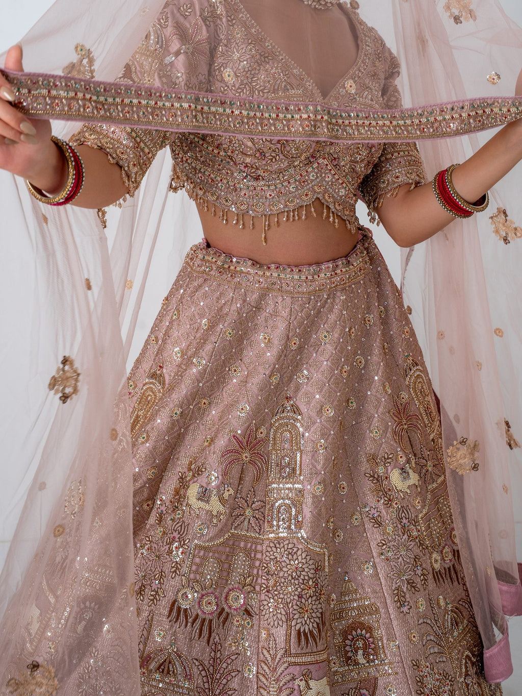 Blush pink embroidered lehenga, waist up