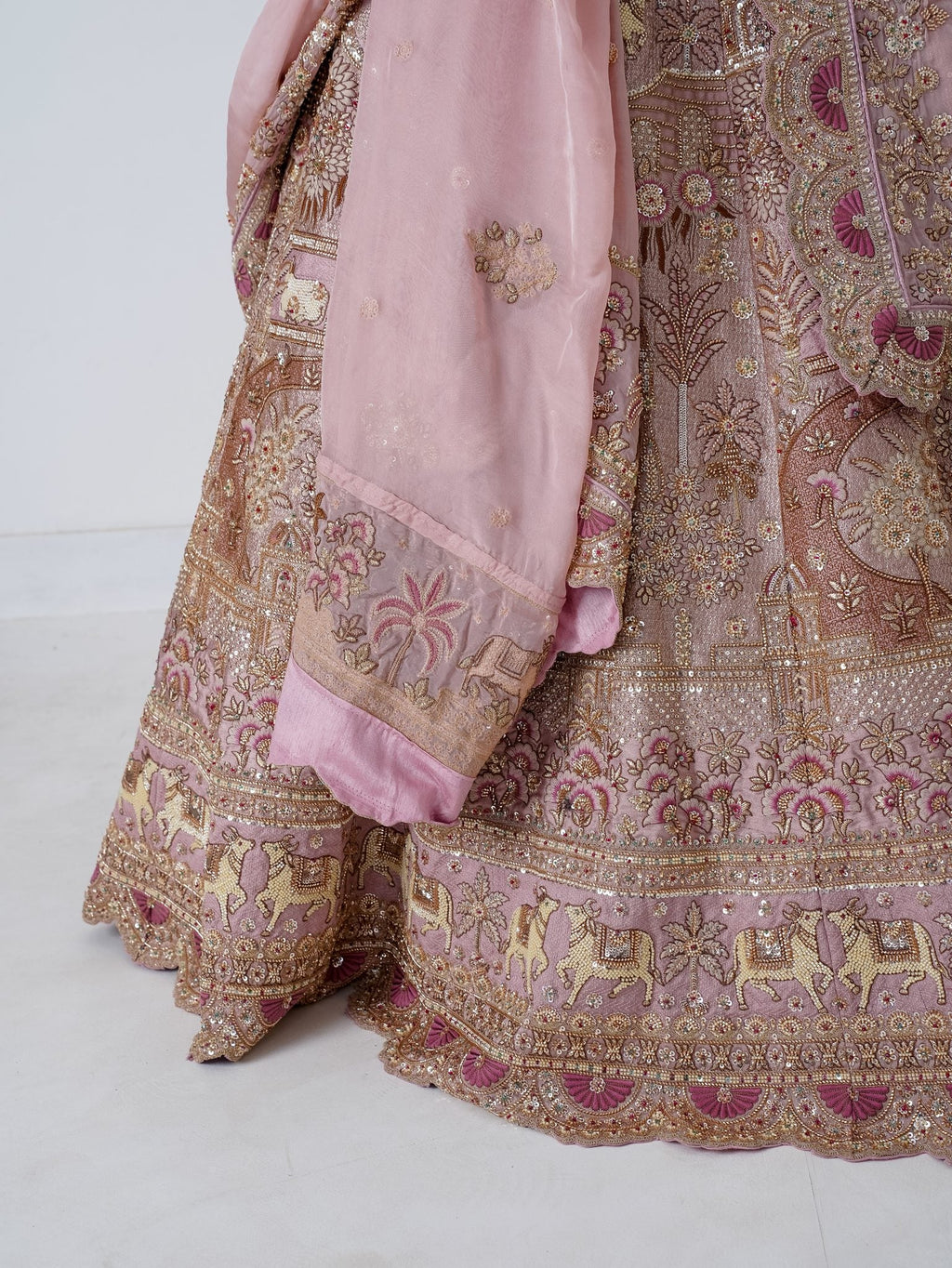 Blush pink embroidered lehenga, skirt embroidery close-up