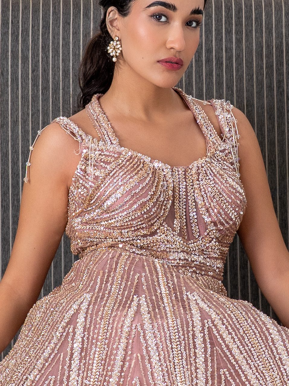 Blush sequin gown, blouse and neckline