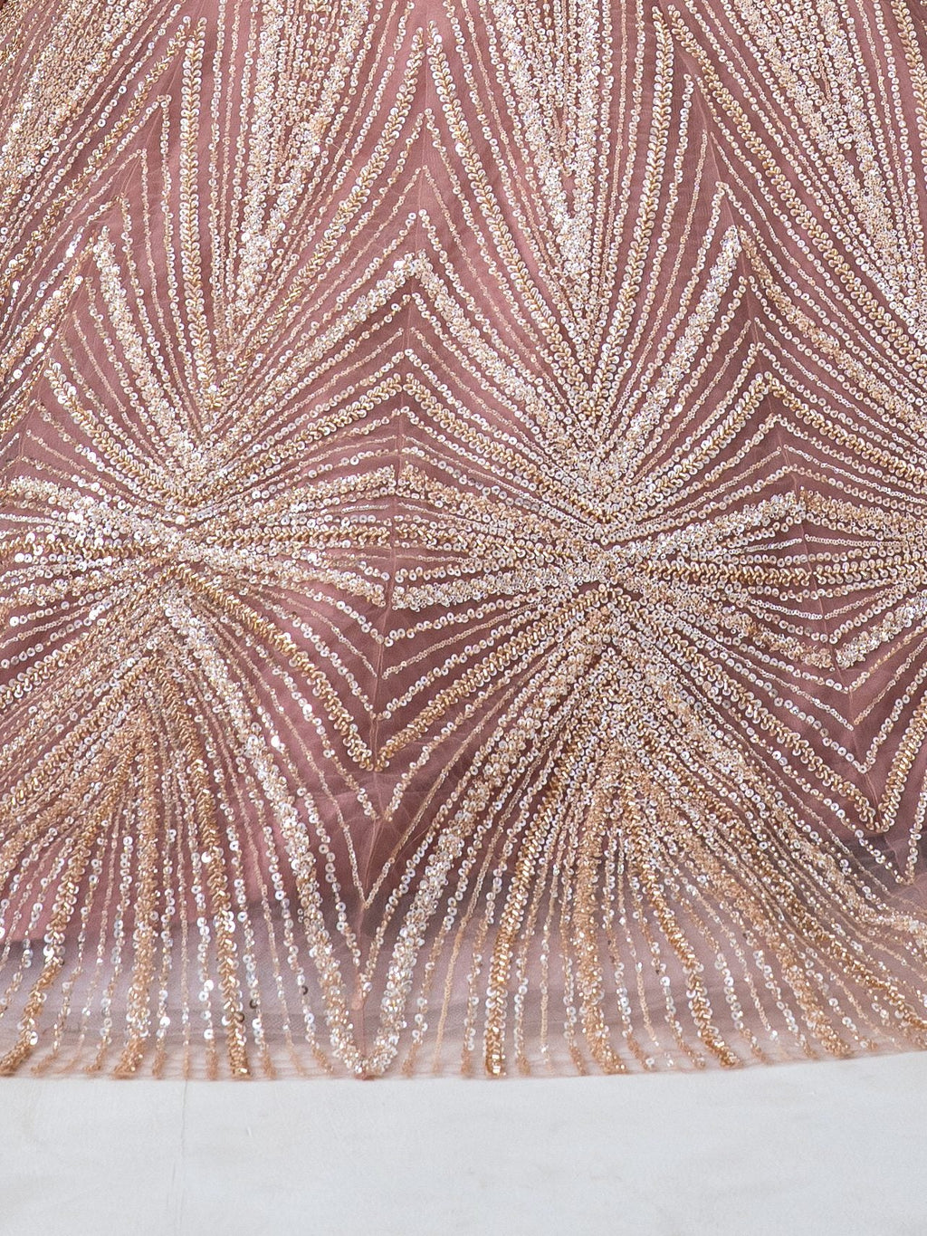 Blush sequin gown, blouse embroidery close-up