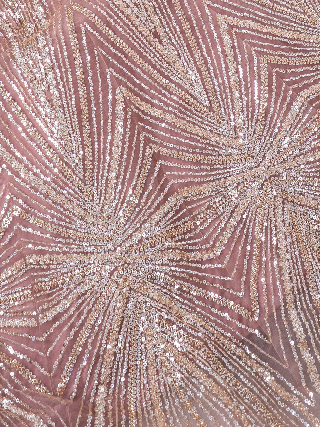 Blush sequin gown, skirt embroidery close-up
