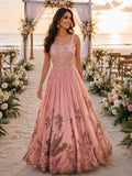 Blush gown with tropical palm print skirt