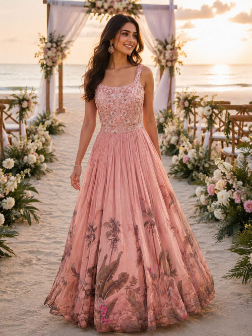 Blush gown with tropical palm print skirt