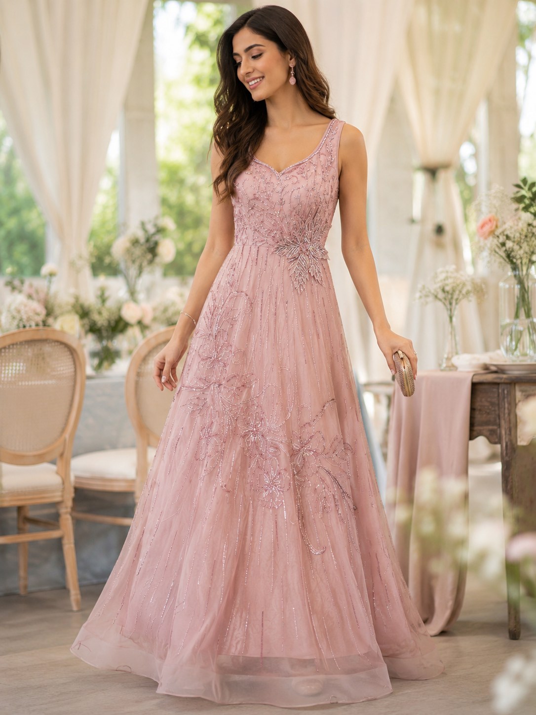Blush tulle gown with embroidered vine motifs