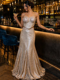 Champagne tissue fishtail gown with corset bodice