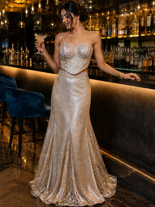 Champagne tissue fishtail gown with corset bodice