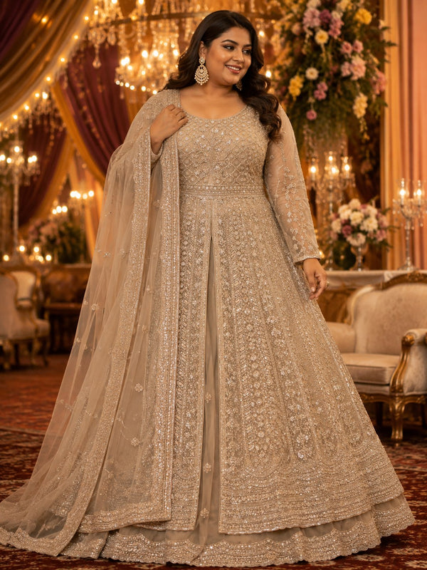 Gold beige anarkali with dense zari and sequin work