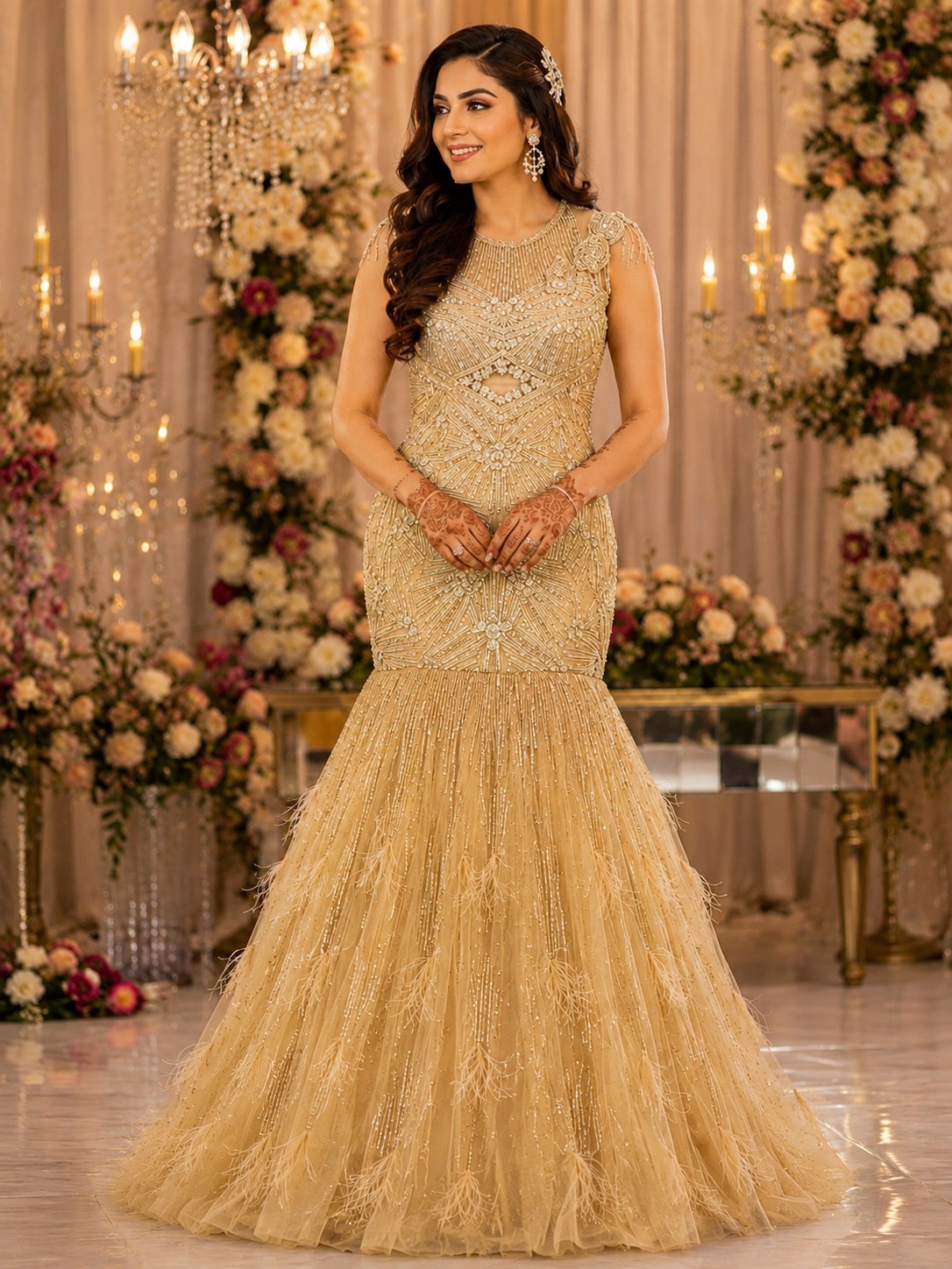 Gold fishtail gown with feathered tulle hem