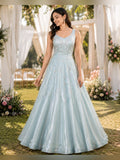 Ice blue organza ball gown with embellished bodice