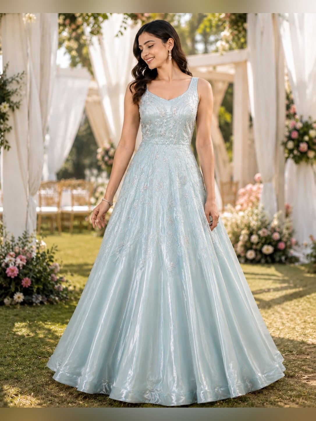 Ice blue organza ball gown with embellished bodice