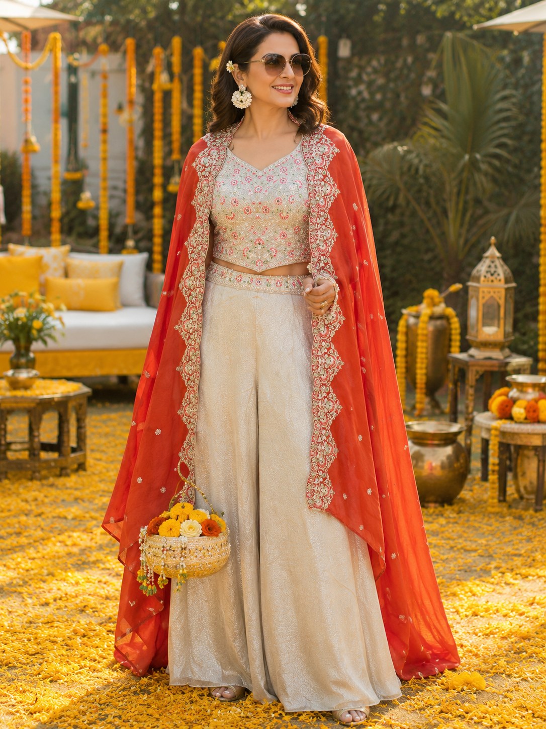 Ivory sharara with coral organza cape dupatta