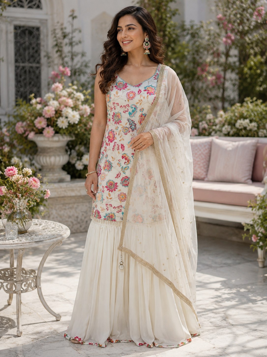 Ivory sharara set with multicolour floral printed kurta
