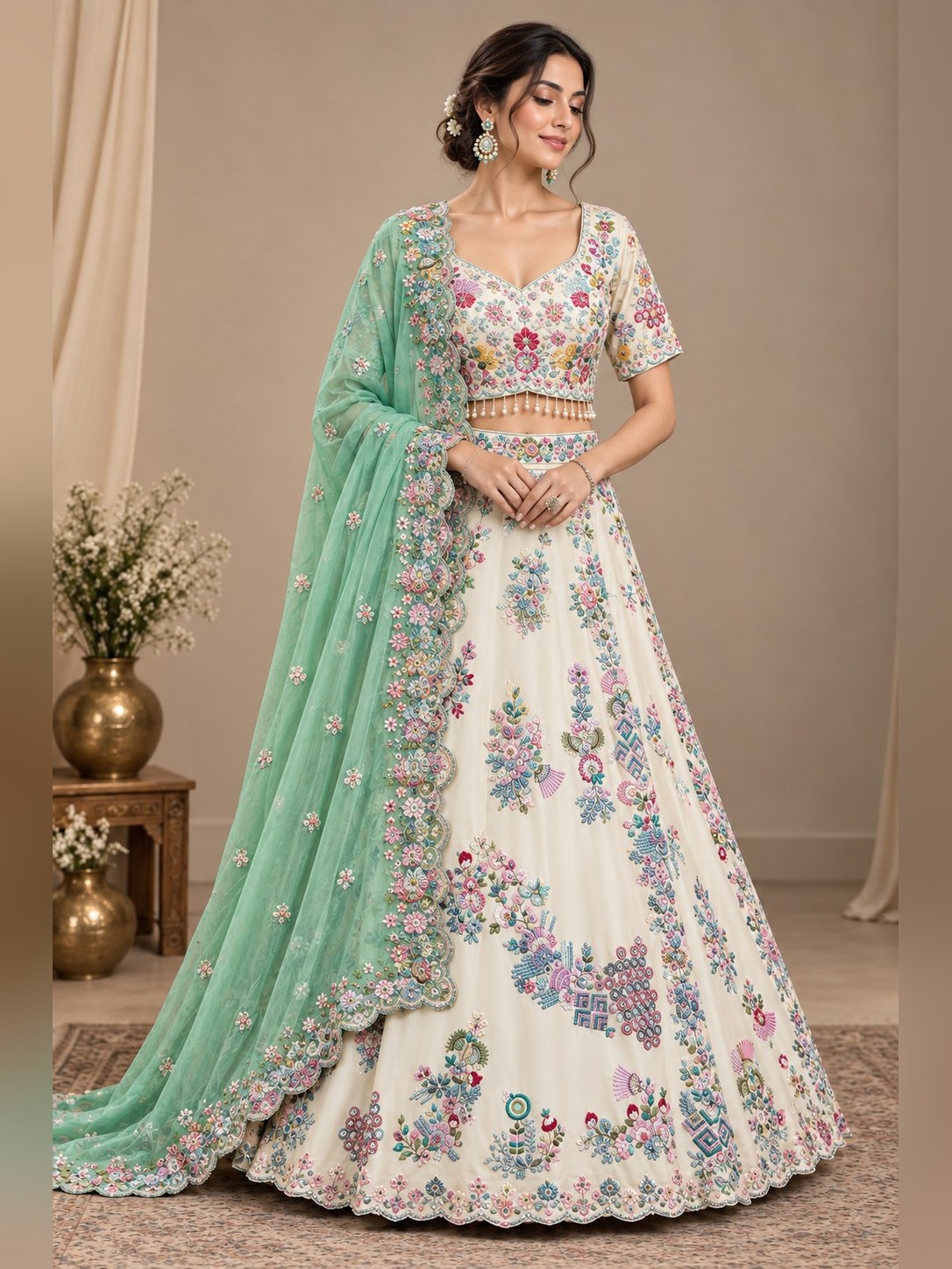 Ivory Mint Floral Lehenga Set