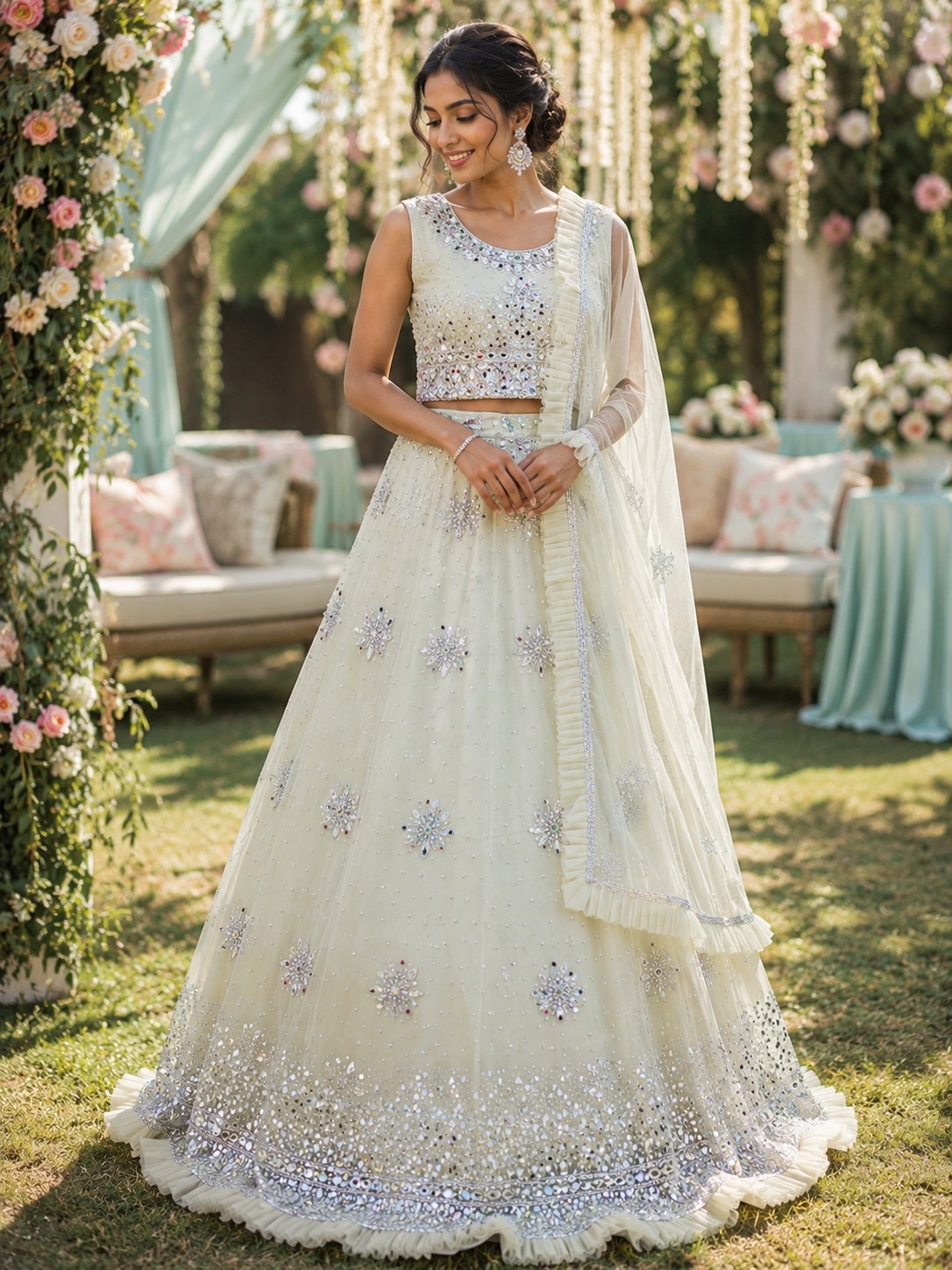Ivory lehenga with silver mirror motifs and ruffle hem