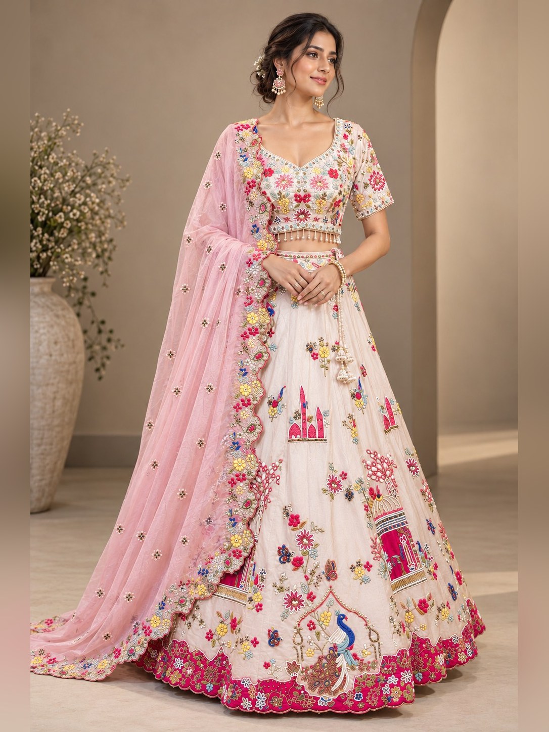 Ivory lehenga with multicolour floral and peacock motifs
