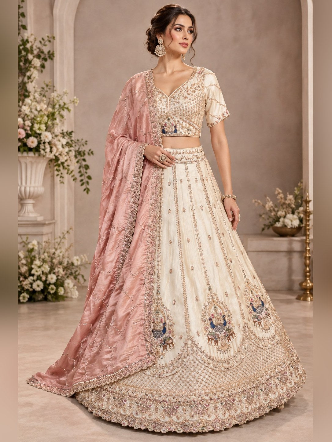 Ivory raw silk lehenga with peacock zardozi motifs and blush pink tissue dupatta