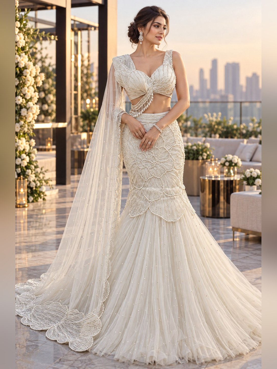 Ivory pearl-embroidered fishtail lehenga with scalloped peplum and trailing sheer dupatta