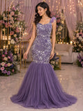 Lavender fishtail gown with floral thread bodice