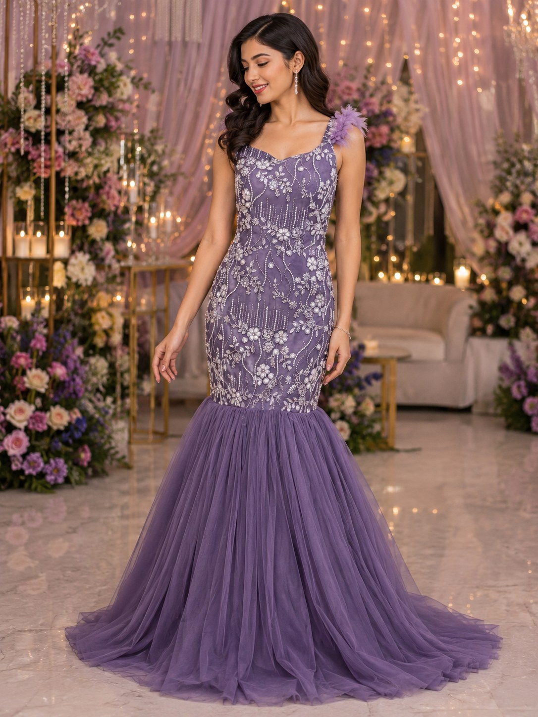 Lavender fishtail gown with floral thread bodice