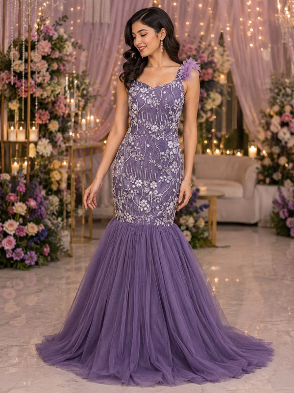 Lavender fishtail gown with floral thread bodice