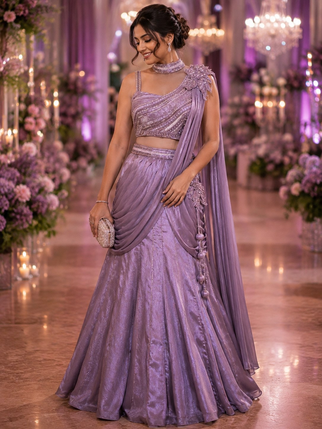 Lavender pre-draped satin saree with shoulder rosette