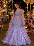 Lavender shimmer fishtail lehenga with ruffle-edged dupatta