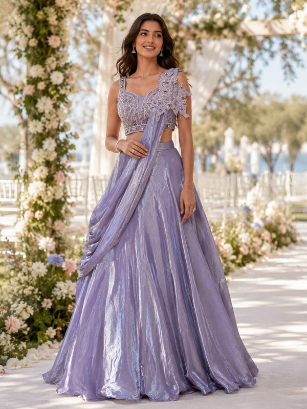 Lavender shimmer drape saree with cold-shoulder blouse