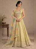 Lemon yellow tissue anarkali with gold zari border
