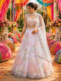 Pale lilac lehenga with pastel floral and butterfly embroidery