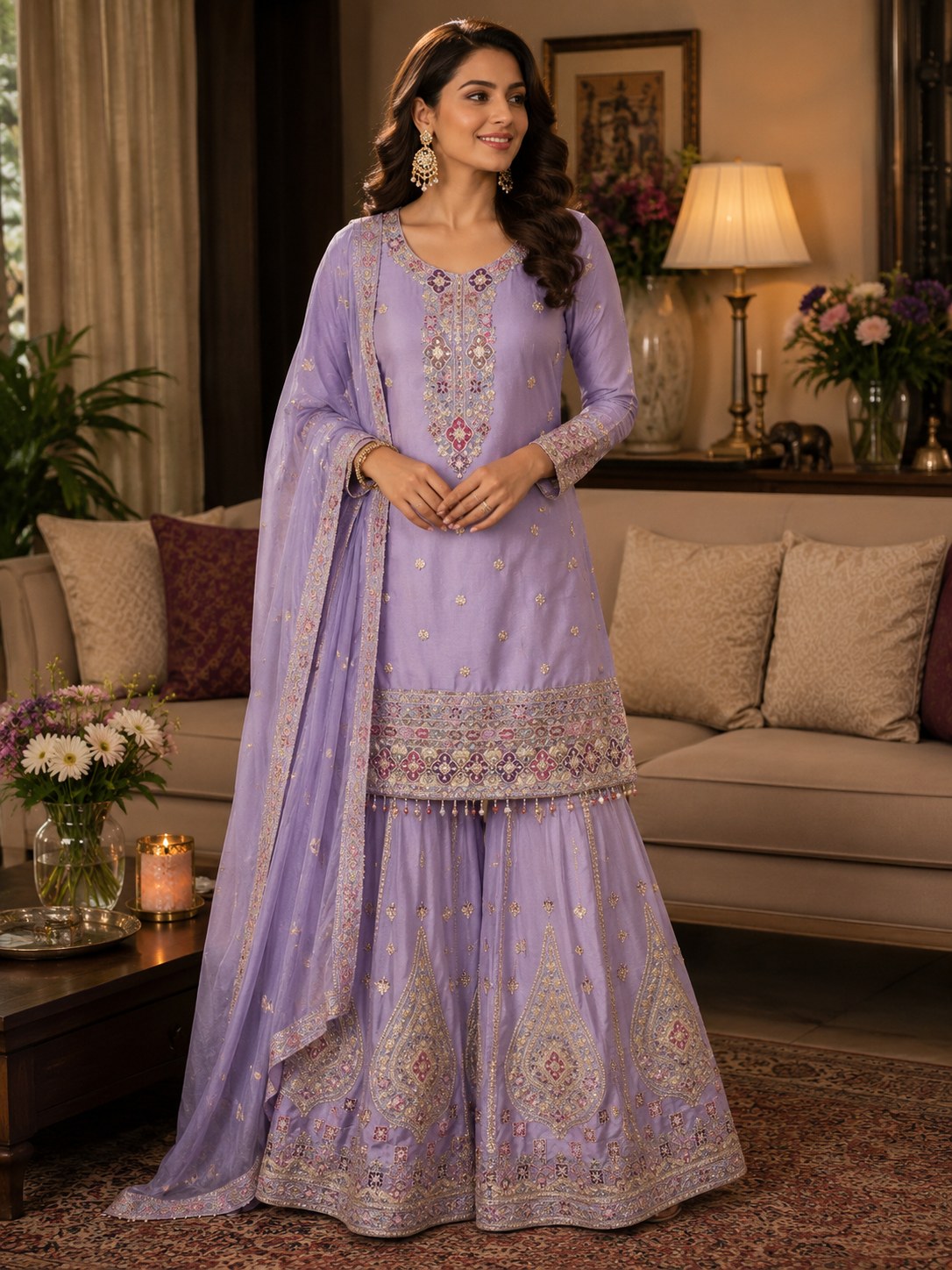 Lilac sharara set with gold zari embroidery