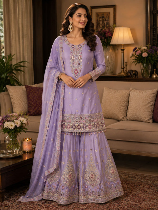 Lilac sharara set with gold zari embroidery