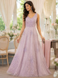 Lilac tulle gown with lattice thread embroidery