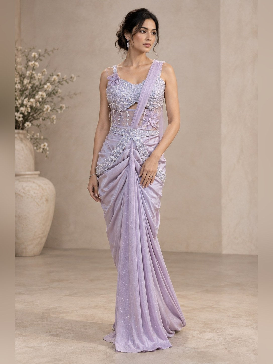 Lilac satin drape saree gown with corset bodice