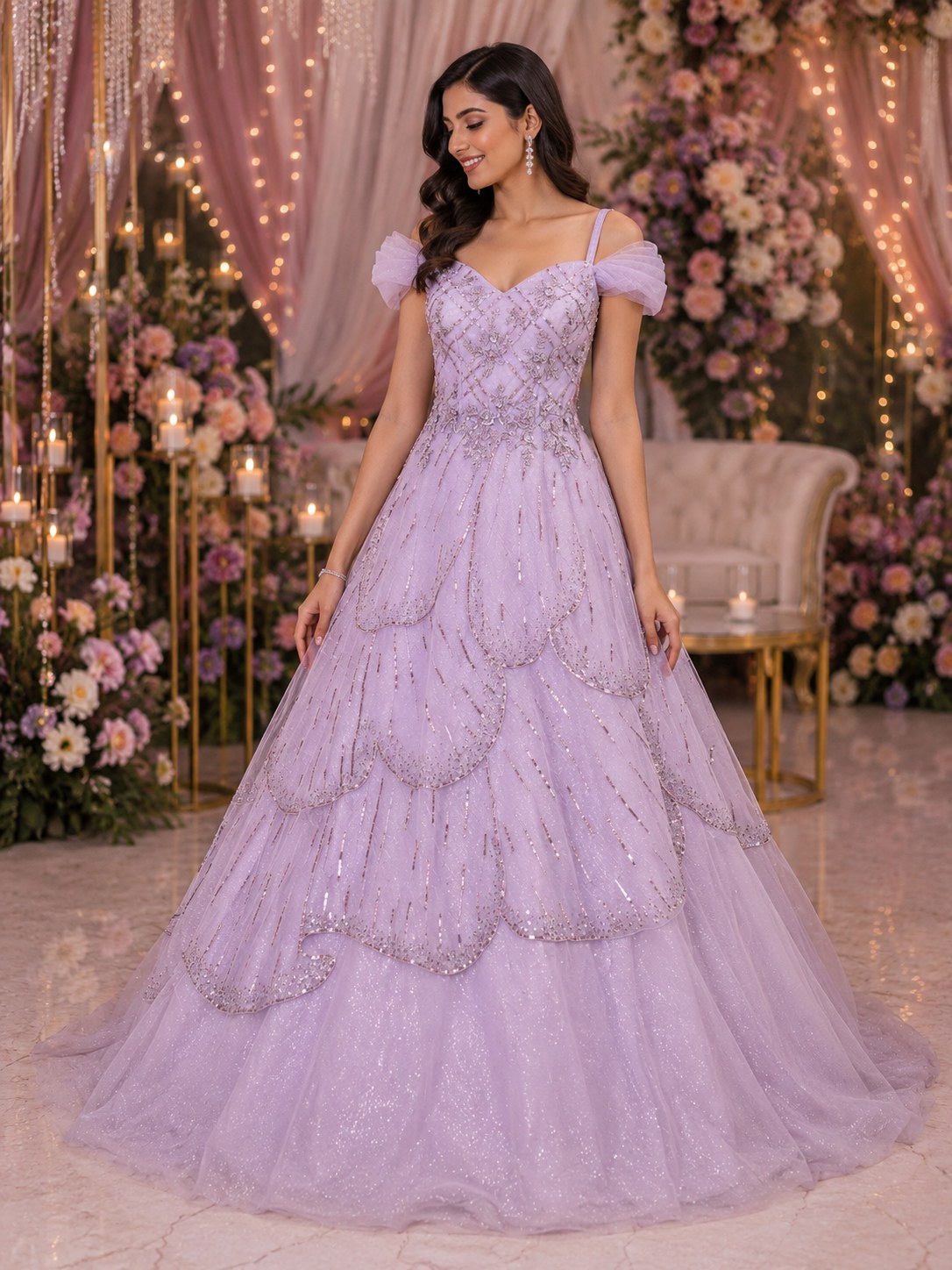 Lilac tulle ball gown with scalloped tiered skirt