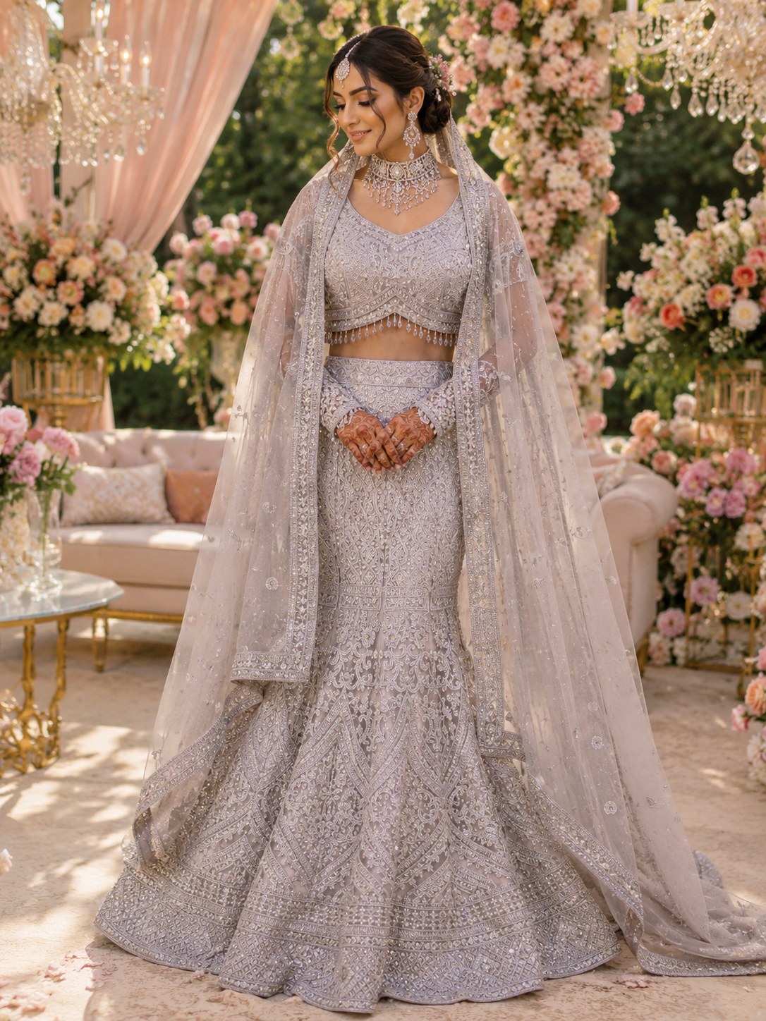 Lilac fishtail lehenga with dense silver jaal embroidery