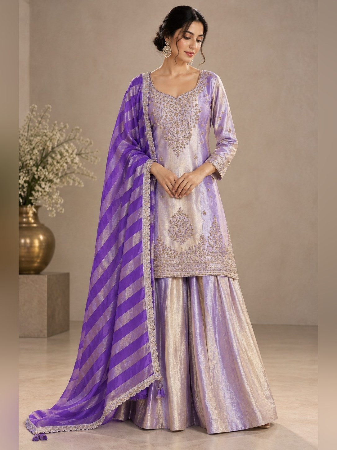 Lilac tissue sharara suit with striped organza dupatta
