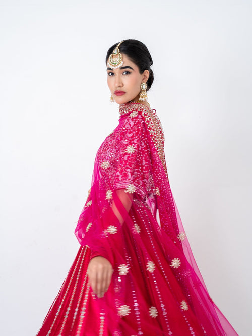 Magenta mirror-work lehenga, full length with the dupatta